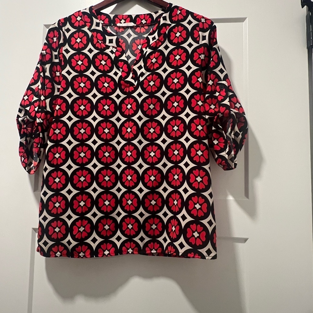 Freeway Boxy Red and Black Blouse with 3/4 Sleeves